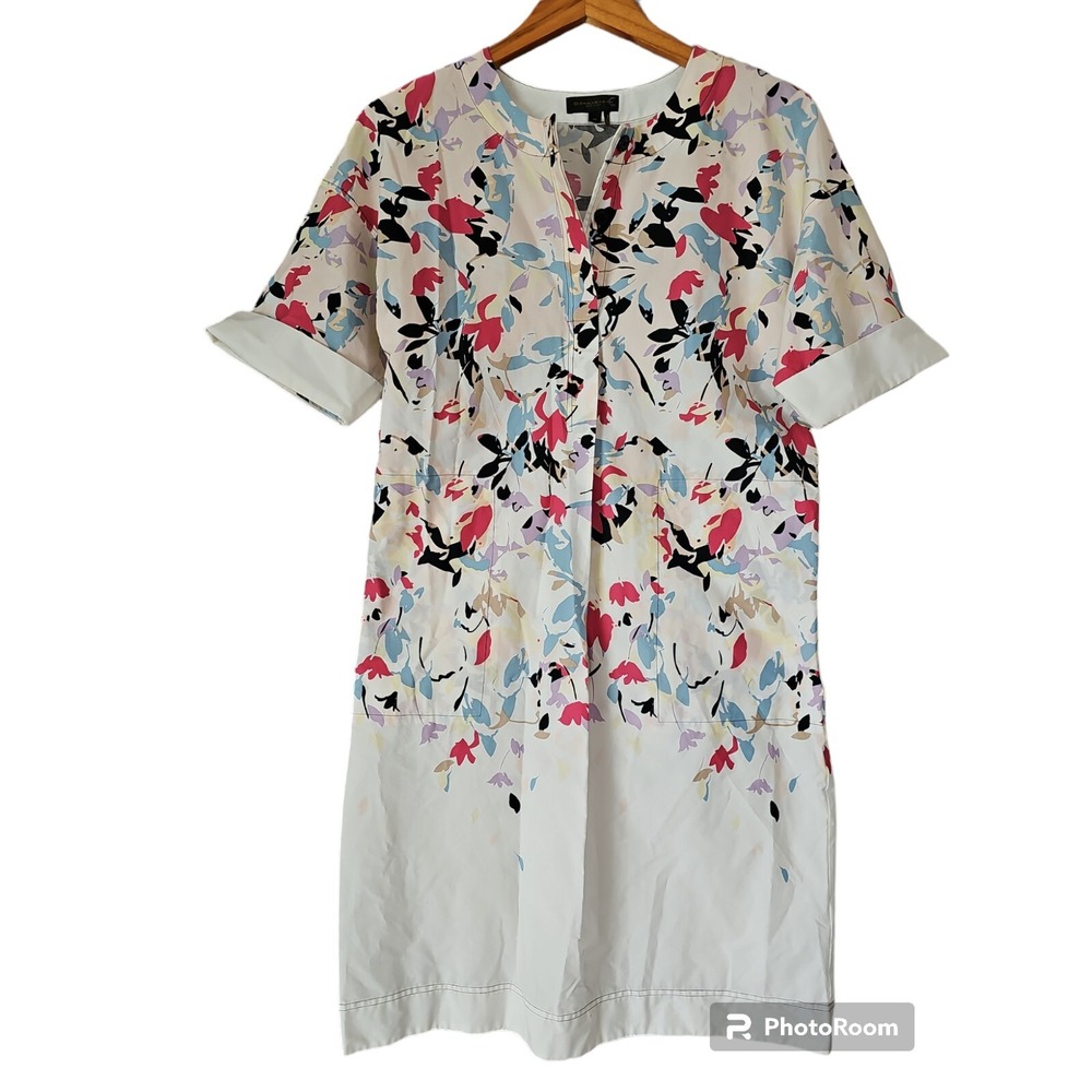 Donna Karan New York Shift Cotton Dress White Floral‎ Print Short Sleeve Size XS